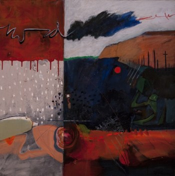 "Rising Red Moon", 30x30", acrylic/mixed drawing media/canvas